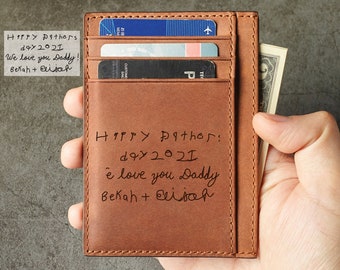 Wallet for Dad, Handwritten Gift for Dad, Wallet with Kid’s Drawing, Personalized Leather Wallet, Father Birthday Gift, Gift for Husband