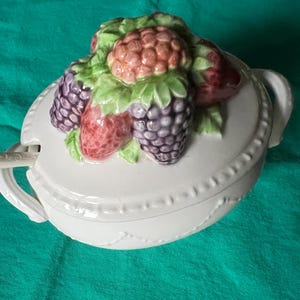 Vintage Ceramic Sugar Bowl with decorative fruit top and spoon