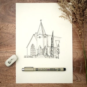 Ilustraciones de iglesias en tinta, personalizadas, dibujadas a mano, de 5 x 7 pulgadas, para regalos de boda, regalos de aniversario, regalos de bautismo y más