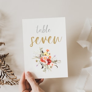Wildflower themed table number cards // gold script font // instant digital download // 5x7 table numbers