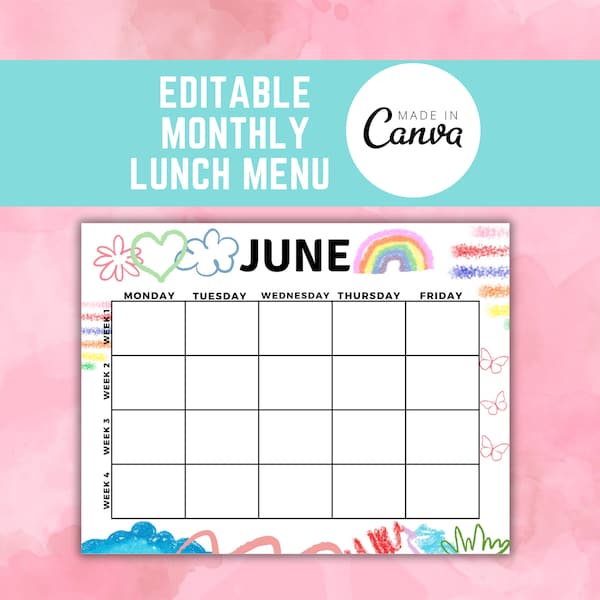 Childcare monthly Menu Editable Template - Daycare Food Tracker - Caregiver Food Planner - Preschool School Lunch Menu - Kid Canva Meal Log