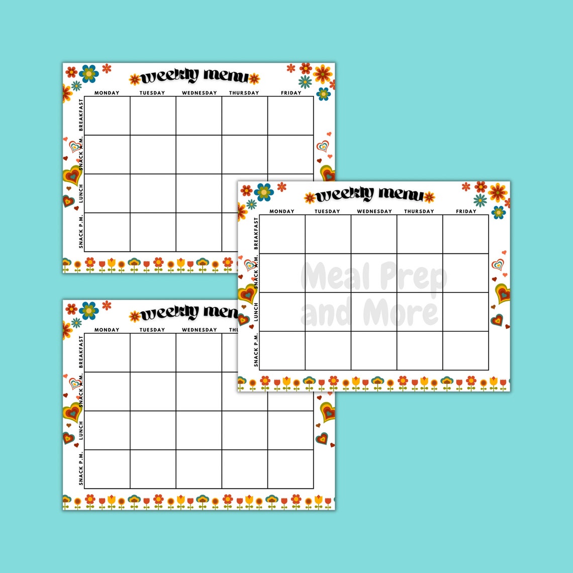 Childcare Weekly Menu Log Download Multipack Retro Daycare Food Tracker