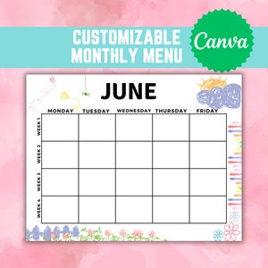 Plantilla editable de menú mensual para guarderías - Registro de comidas para guarderías - Planificador de comidas para cuidadores - Menú de almuerzo para escuelas preescolares - Registro de comidas para niños en Canva