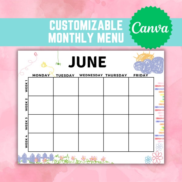 Childcare monthly Menu Editable Template - Daycare Food Tracker - Caregiver Food Planner - Preschool School Lunch Menu - Kid Canva Meal Log