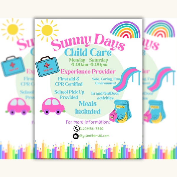 Child Care Provider Editable Advertisement - Daycare Flyer Template - Baby Sitter Business Form - Printable Canva Poster - Play Centre PTO