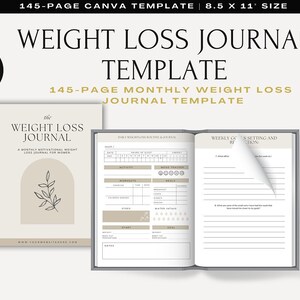 Può includere: Un modello di diario per la perdita di peso di 145 pagine in Canva. La copertina presenta un design minimalista con un ramo di foglie in una tavolozza di colori neutri. Il diario include sezioni per il monitoraggio quotidiano dei pasti, gli obiettivi settimanali e le riflessioni.