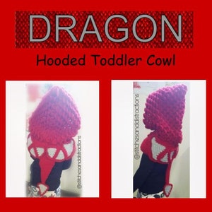 May include: A red crocheted hooded cowl with a dragon tail. The cowl is made with a textured stitch and has a white crocheted dragon wing design. The cowl is shown on a child.