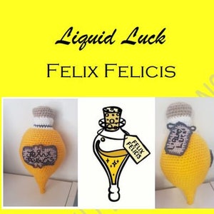 May include: A crocheted plush toy shaped like a bottle of Felix Felicis, a fictional potion from the Harry Potter series. The bottle is yellow and has a cork stopper. The label reads "Felix Felicis".