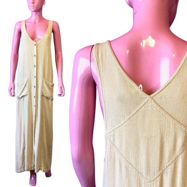 Vintage 90s Chico’s Design Ivory Linen Rayon Button Up Sleeveless Maxi Dress