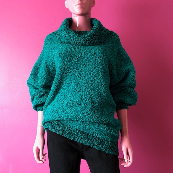 Vintage 80s L Chunky Pullover Cowl Sweater Teal Blue-Green Black Slouchy Comfy Cozy Oversized Outerwear Turtleneck Boucle Textured Knitwear