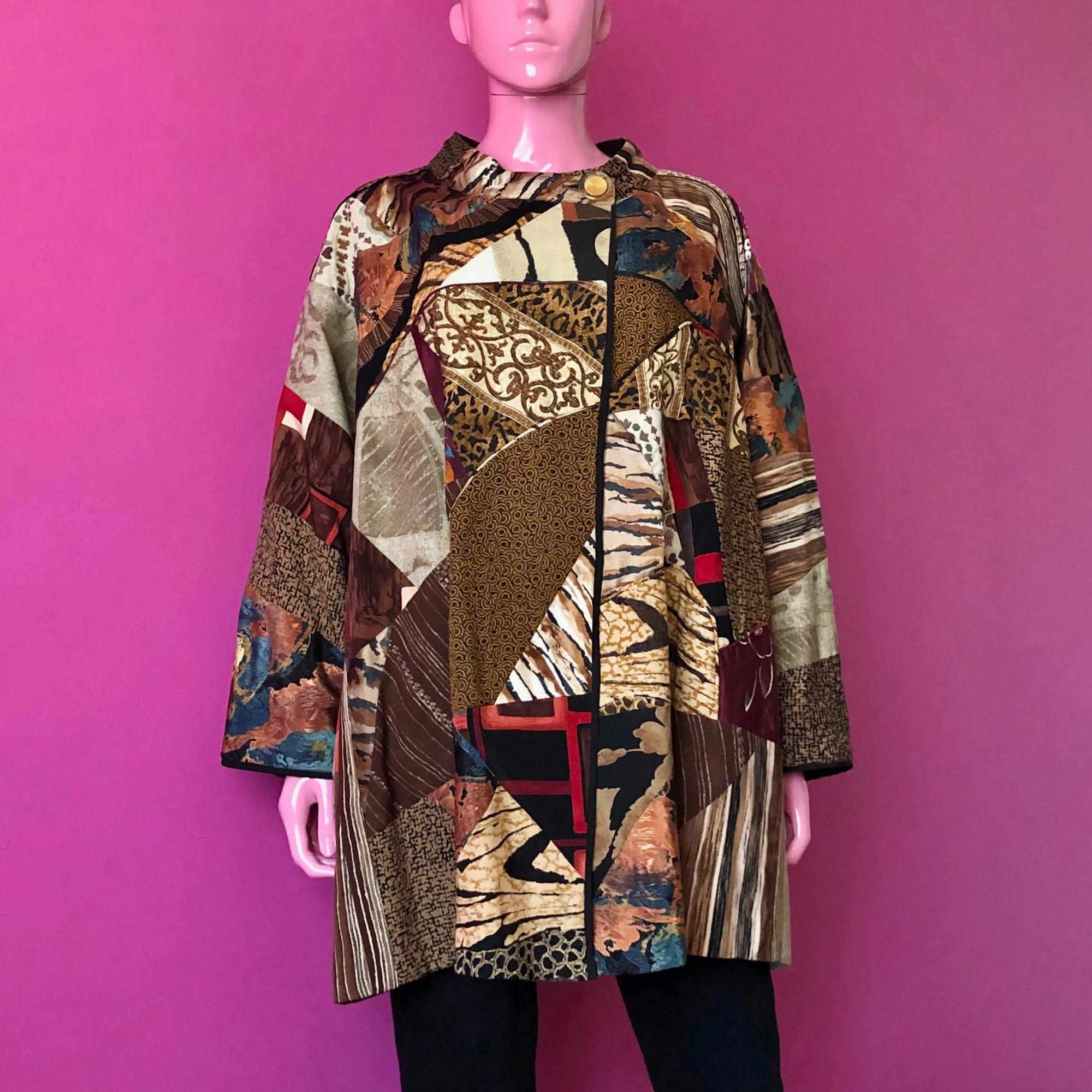 Vintage 90s Patchwork Swing Coat Long Wide Sleeve Mockneck Ornate