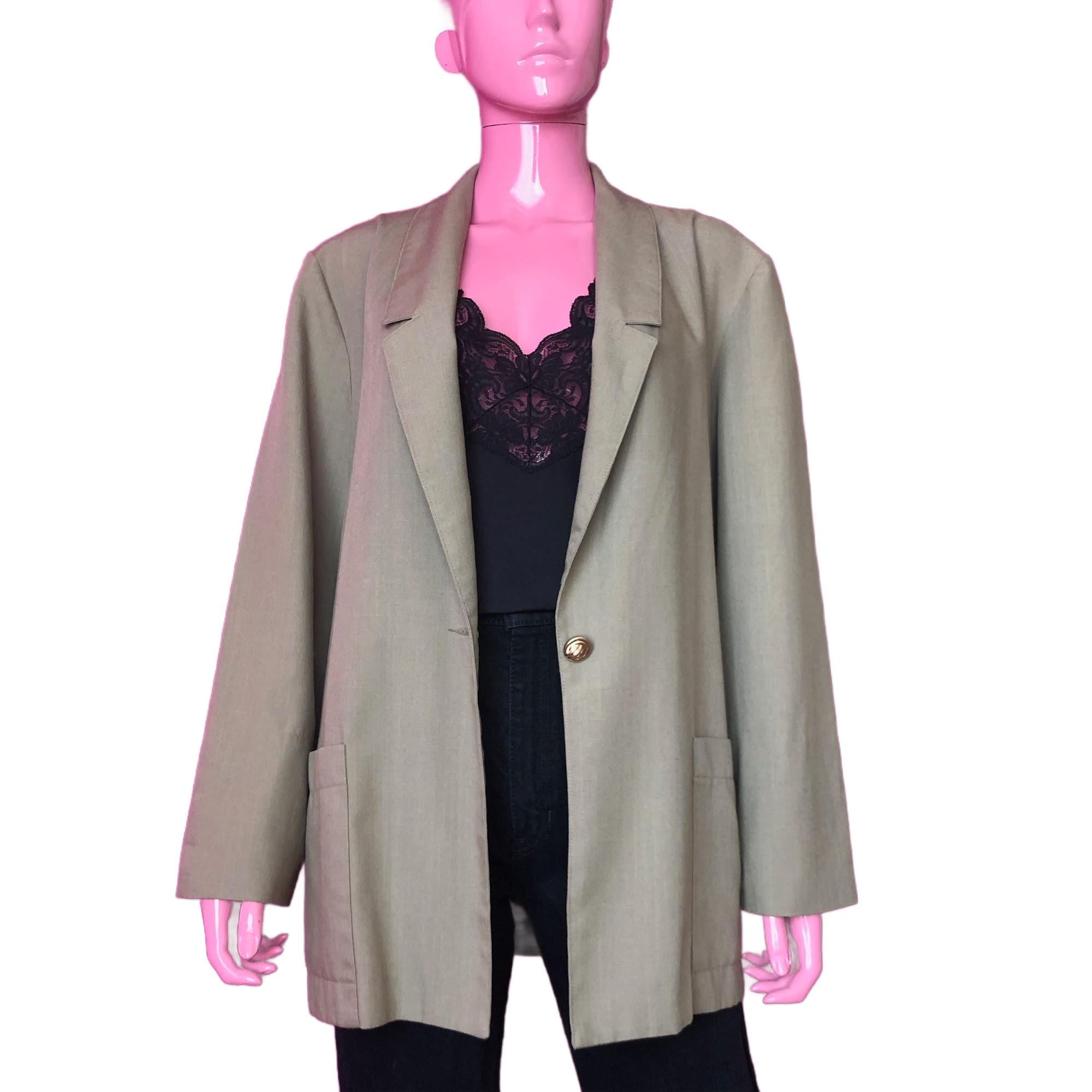 Vintage 90s L Beige Blazer Linen Look Single Breasted Gold