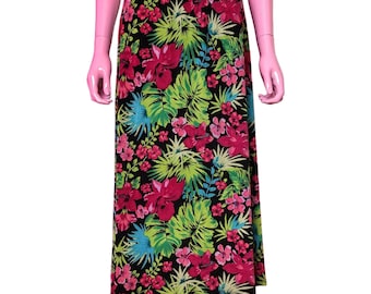 Vintage 90s M/L Midi Skirt: Slinky Stretch Cotton with Tropical Floral Print