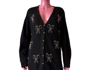 Vintage 90s Cardigan: Black Silk Angora Blend Sweater with Beaded Gold Bows