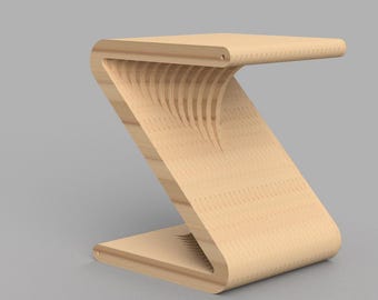 May include: A wooden stool with a unique Z-shaped design. The stool is made of multiple layers of plywood, creating a layered effect. The stool is light brown in color.