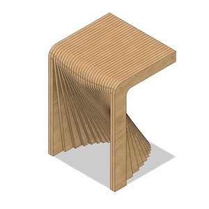 May include: A wooden stool with a unique spiral design. The stool is made of multiple layers of wood that are stacked and curved to create a unique and modern look.