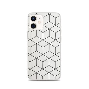 May include: A clear phone case with a black geometric pattern of overlapping cubes. The case is designed for a smartphone with a triple camera system.