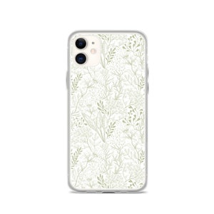 May include: A clear phone case with a white background and a green floral pattern.