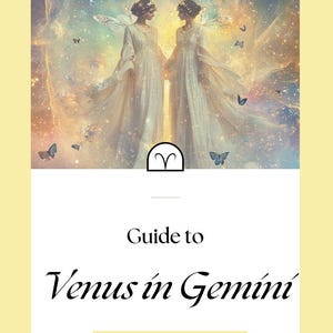 Op de afbeelding: Een gids voor Venus in Tweelingen, een hemelse illustratie met twee figuren in witte jurken en een hemelse achtergrond met vlinders. Het Tweelingen-symbool bevindt zich in het midden van de afbeelding.