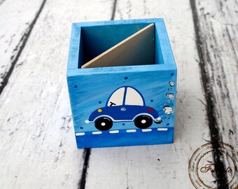 Hand Painted Wooden Pencil Box with Car: Kids Desk Organizer