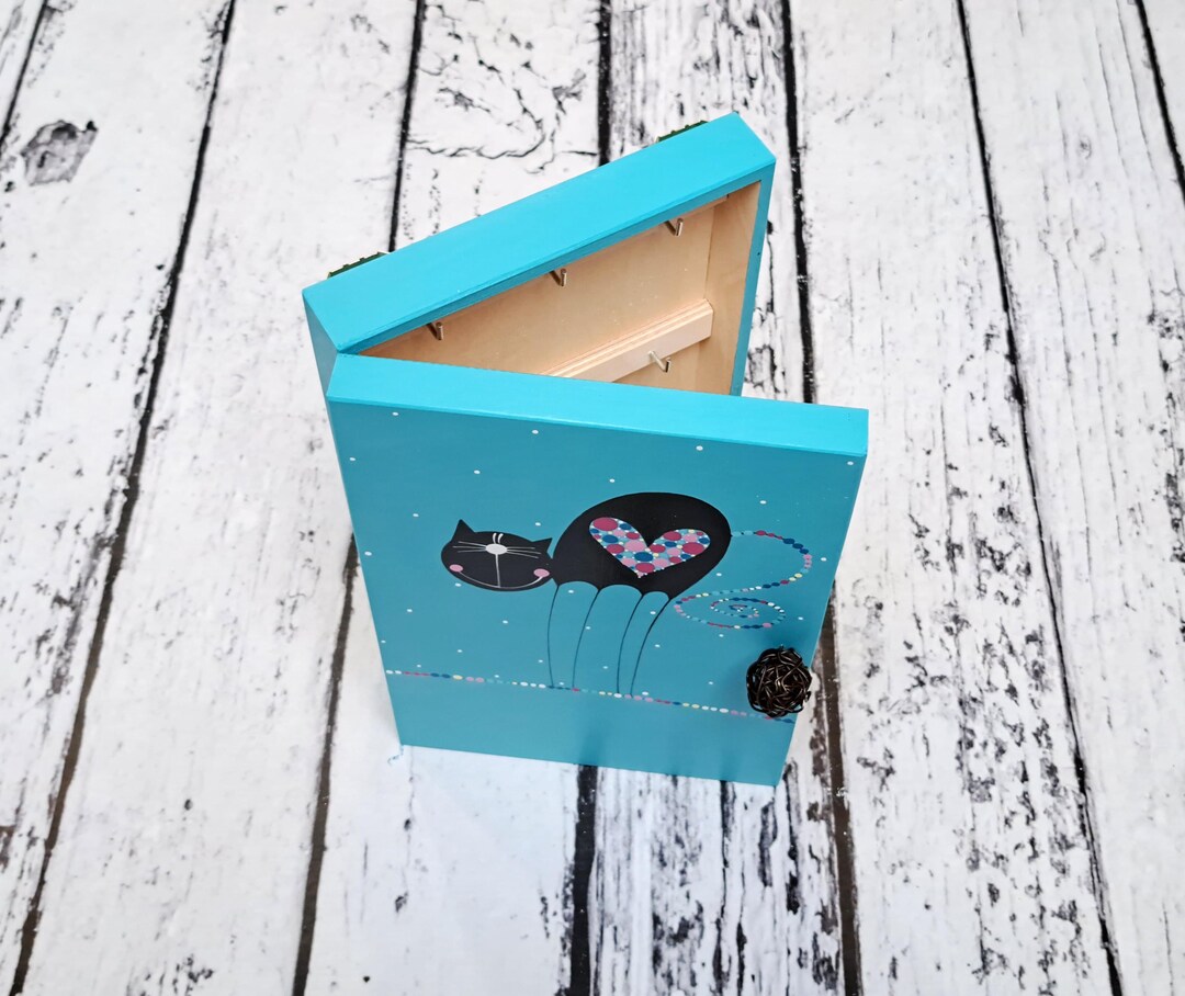 Big Hand Painted Wooden Key Box With Black Cat, Hanging Key Box, 9 Key ...