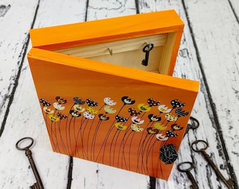 Hand Painted Orange Wooden Key Box, Floral Design, Hanging Key Box, Six Key Hooks, Personalized Key Cabinet, Wooden Hallway Key Box Storage