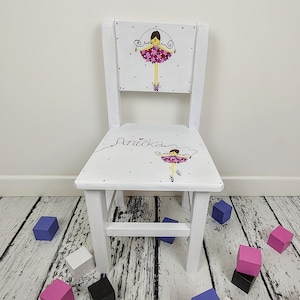 Children&#39;s Personalised Hand Painted Natural Wooden Chair, White Toddler Bedroom Furniture, Birthday Gift for kids Girl, Pink Ballerina