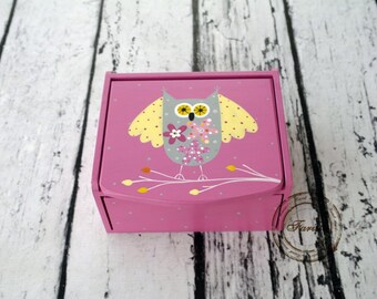 Hand Painted Wooden Jewellery Box with Drawer and Mirror, Pink Jewelry Box Personalized Name and Owl Pattern, Gift for kids, Kids room decor