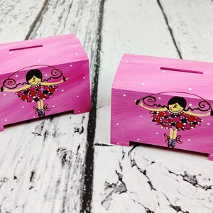 Personalized Hand Painted Wooden Piggy Bank, Ballerina Pink Coin Bank, Piggy Bank for Kids, Natural Wooden Money Box, Kids Birthday Gift