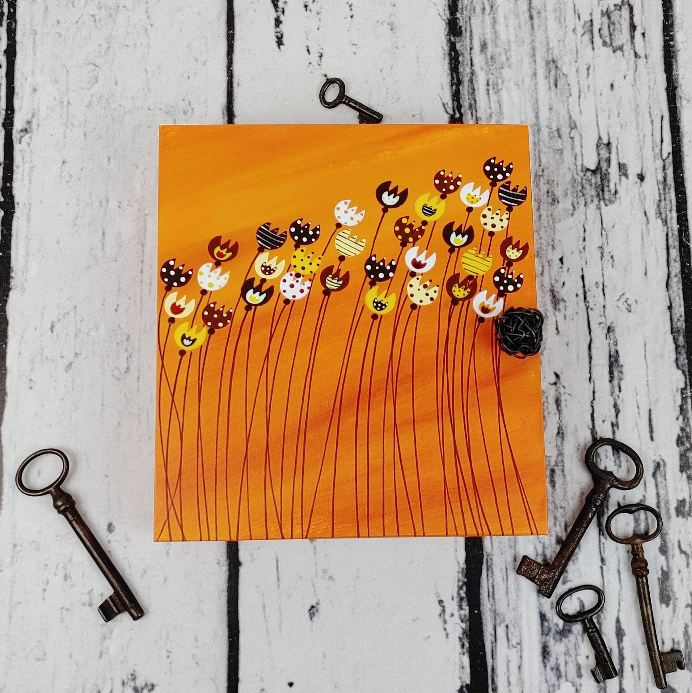 Hand Painted Orange Wooden Key Box, Floral Design, Hanging Key Box, Six ...