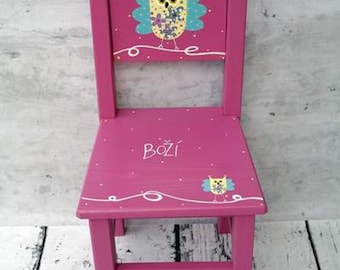 Personalized Hand-Painted Wooden Kids Chair: Pink Owl Nursery Decor