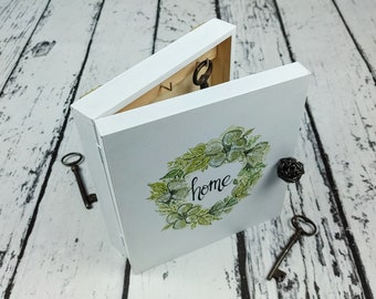 Hand Painted Floral Key Box: White Wooden Key Holder with 6 Hooks