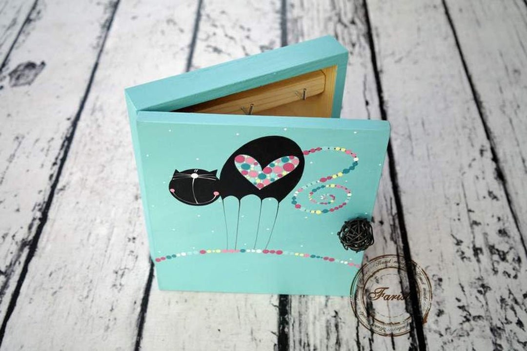 Hand Painted Turquoise Wooden Key Box Animal Design Hanging Etsy