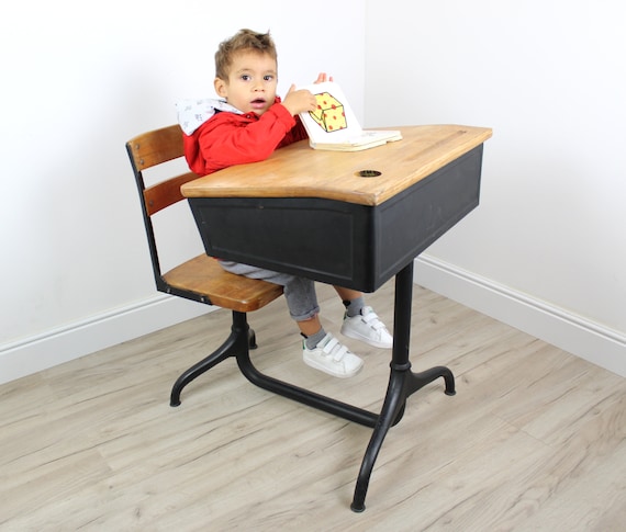 Banco da scuola VINTAGE Antico Anni '40 '50 D'epoca Monoblocco per bambini  in legno e metallo calamaio Design Arredamento Arredo Cameretta -   Italia