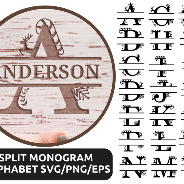 Christmas Split Monogram Alphabet SVG , Split Monogram Svg , Split Letter Font , Svg Files for Cricut , Split Font Svg ,  Vector Cut Files