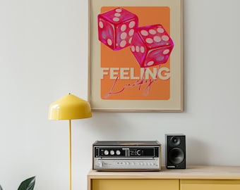 Retro Dice Wall Art, Feeling Lucky Neon Art, Digital Download, Bar Art Decor, Lucky Art, Game Room Poster