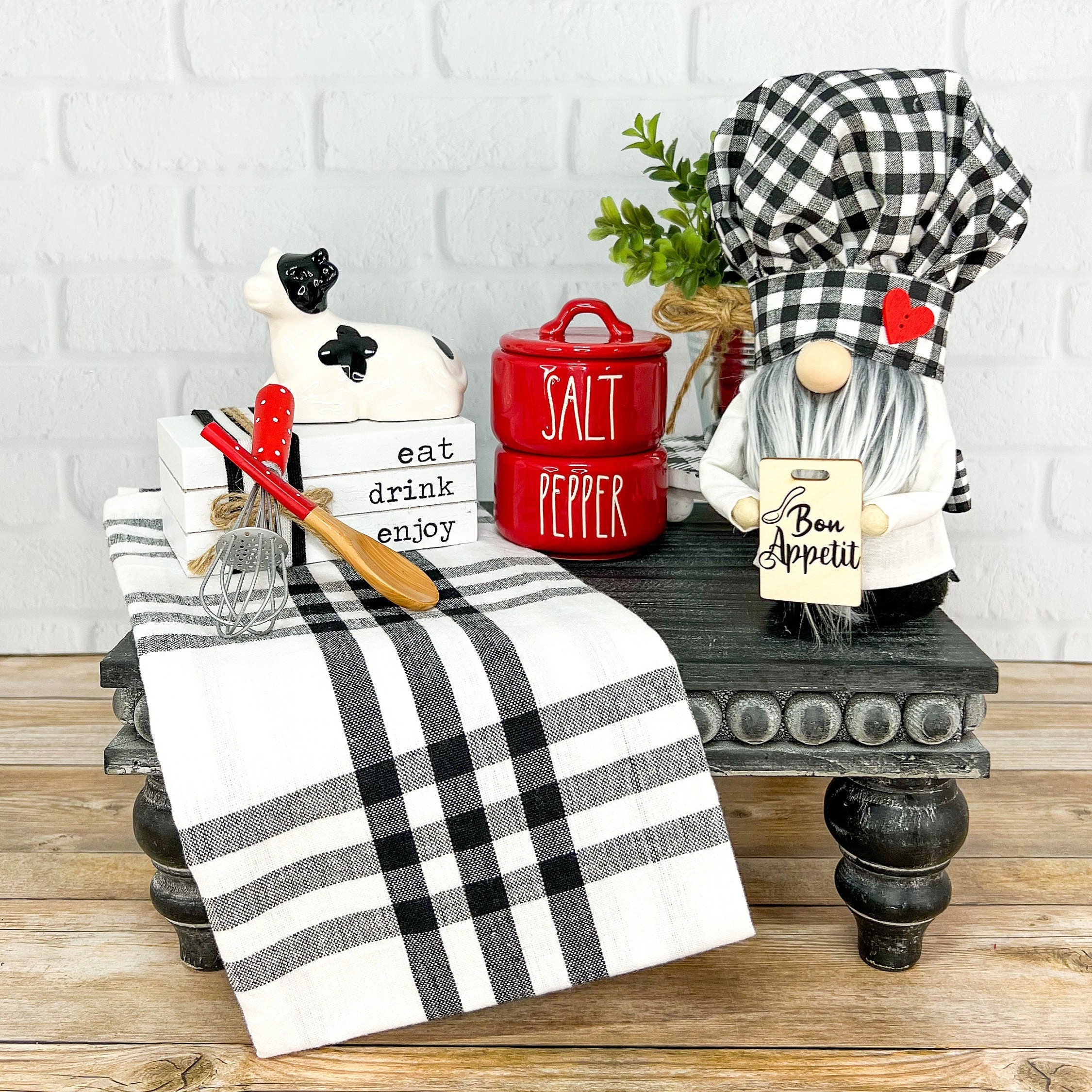 Chef Gnome Black and White Kitchen Decor Buffalo Plaid 