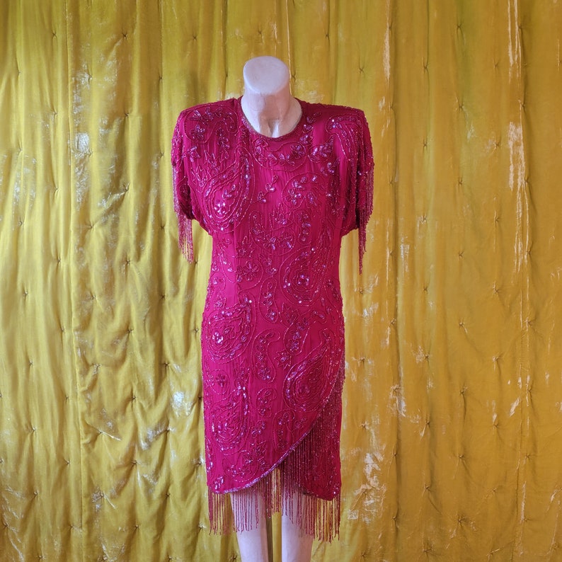 1980's laurence Kazar Sequin and Beaded Dress // Vintage Bead Fringe ...
