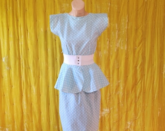 Vintage "Isadora New York" Blue Polka Dot Dress // 1980's Robin's Egg Blue Peplum Dress // Retro "Two Looks in One" Belted Skirt