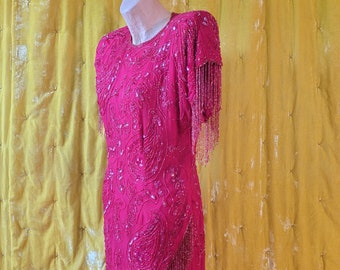 1980's "Laurence Kazar" Sequin and Beaded Dress // Vintage Bead Fringe Sequins Dress // Tomato Red 80s Cocktail Dress