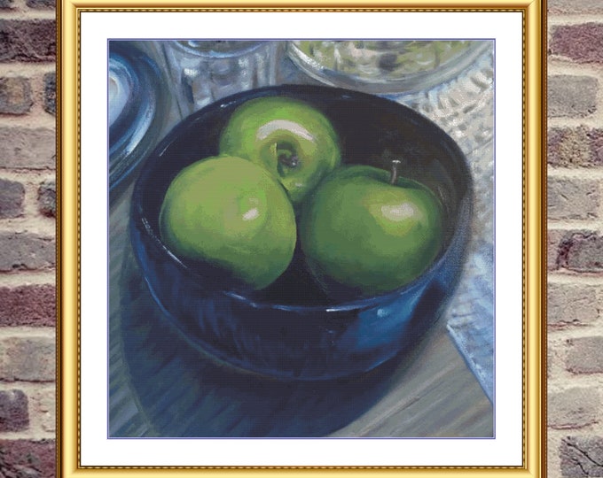 Green Apples Blue Bowl | Anchor Cross Stitch Pattern | Three Counted PDF Charts in Instant Download and Stitch Today!