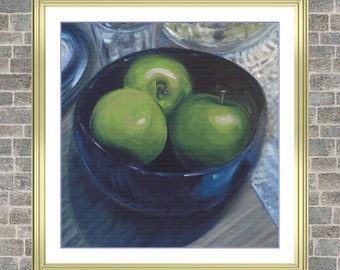 Green Apples Blue Bowl | DMC Cross Stitch Pattern | Three Counted PDF Charts in Instant Download | Happy Stitching and Thanks for Visiting!