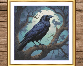 Moonlit Raven | DMC Cross Stitch Museum Quality Pattern | Three Counted PDF Charts in Instant Download