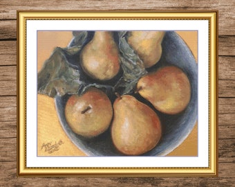 Golden Pears | DMC Cross Stitch Pattern | Three Counted PDF Charts in Instant Download and Stitch Today!