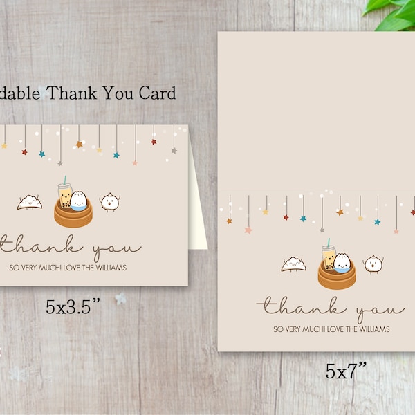 Dumpling and Boba Thank You Card, Neutral, Edit with Corjl, Instant download, A101