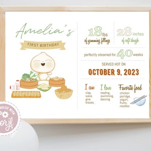 Dumpling Milestone Board, First Birthday Board, Dumpling Theme ,Birthday Poster, Edit with Corjl