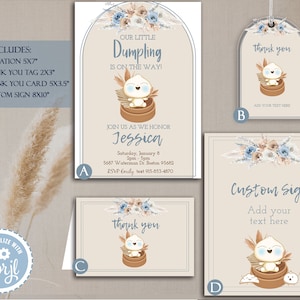 Boho Dumpling Baby Shower Theme Invitations, Boy, Dim sum baby shower, DIY Instant download, Edit with Corjl
