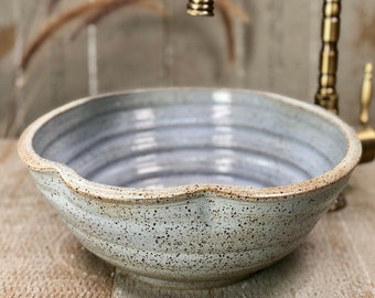 Ceramic small vessel sink, Pottery hand made,  spotted wobblily rustic light Blue, table top wash basin.