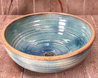 Ceramic vessel sink, Pottery hand made, rustic turquois table top wash basin.