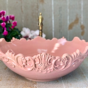 Pink Oval Vintage look Bathroom Vessel Sink, Mid Century Handcrafted Ceramic Washbasin, Bathroom Vanities Sink Decor